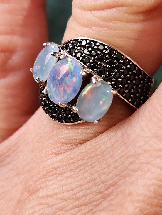 Estate Jewelry - NIB VTG 925 Natural Opal Triplet Stone Black Spinel Pave Accents Ring Sz 5
